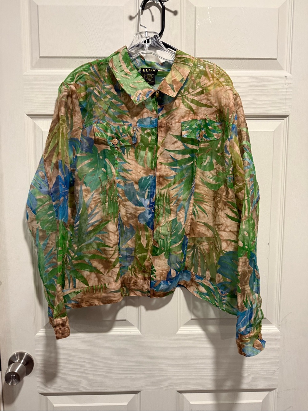 EILEEN Fisher Green Tropical Print Button-Up Blouse